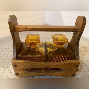 Mid-Century Bar ware Tantalus Vintage Wooden Caddy Holder & Pair of Amber  Glass
